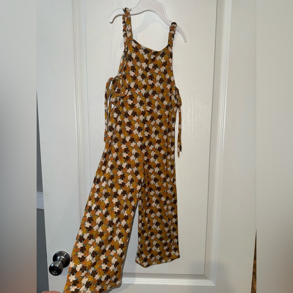 Floral Print Kids Jumpsuit in Mustard, Brown & Cream